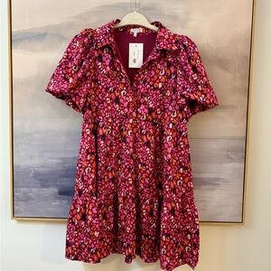 TCEC Vibrant Pink Red Patterned Short Sleeve Dress